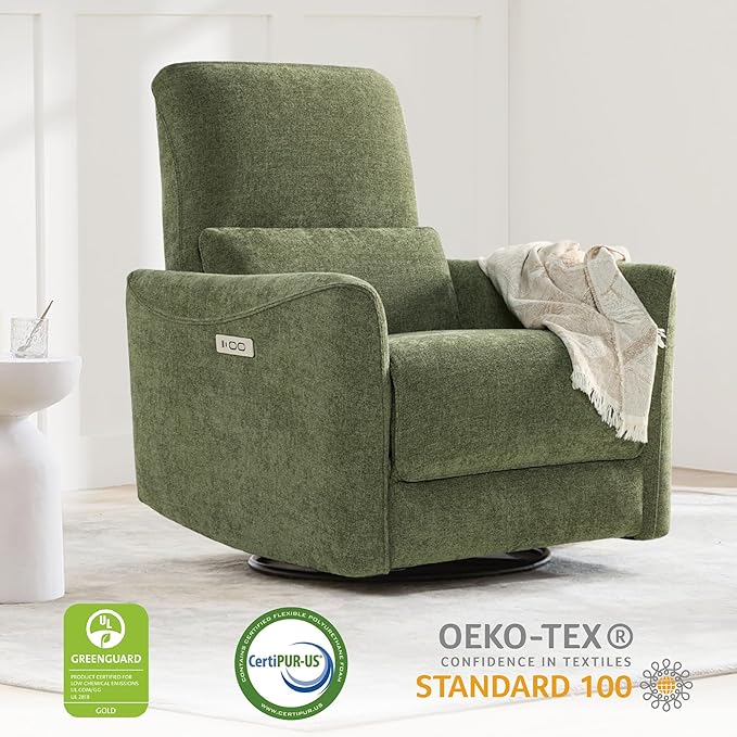 CHITA Power Recliner Chair Swivel Glider FSC Certified Upholstered Living Room Nursery Reclining Sofa Chair with Lumbar Support Green