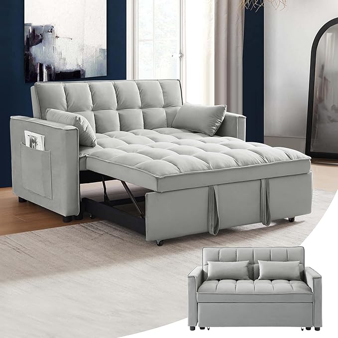 55'' 3-in-1 Sleeper Loveseat 2-Seater Pull Out Couch Velvet Futon Sofa Adjustable Backrest Reclining Sofa Bed with Pillows Pockets Perfect for Small Spaces Living Room Furniture Grey