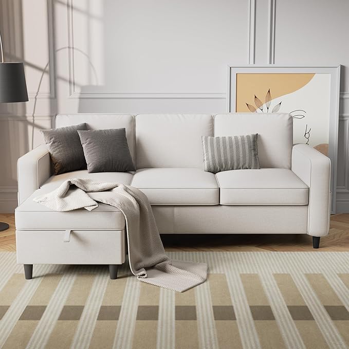 Sectional Sofa and Couches for Living Room - 78'' Beige 3 Seat L-Shaped Couch with Storage Ottoman Modern Linen Convertible Sectionals Sofas with Chaise for Apartment Office Small Space