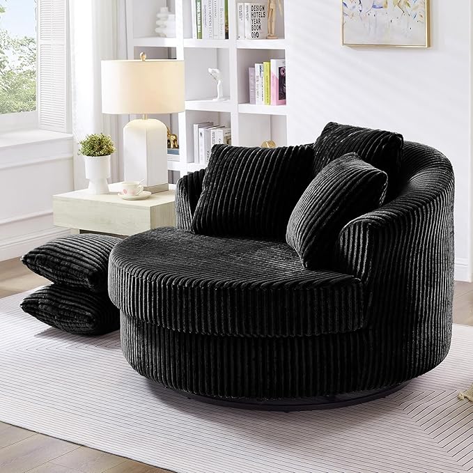 360° Swivel Accent Barrel Chair Corduroy Comfy Round Swivel Chair with Mental Base &amp Pillows Modern Lounge Reading Armchair Upholstered Plush Sofa Chairs for Living Room Bedroom Apartment(Bla