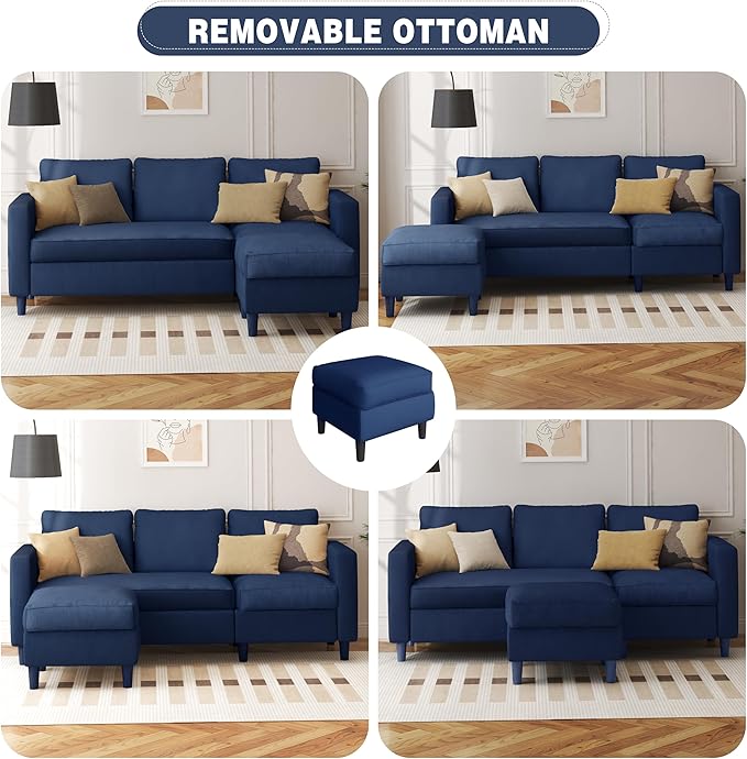 Shintenchi Small Sectional Sofa CouchesL Shape Convertible Sofa with Ottoman3 Seat Comfy Corduroy Upholstered Sofa CouchSmall Couch for ApartmentLiving Room and Office(Blue)