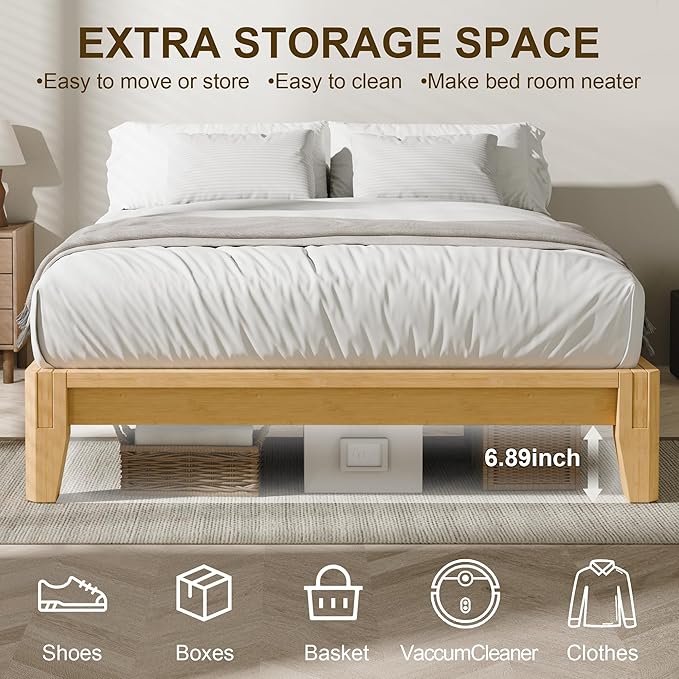 Dolonm Full Solid Wood Bamboo Bed Frame Mid-Century Modern Bed Frame Floating Center Support Legs Sturdy Solid Wood Slat Easy Tool Free Set Up（Full Natural）