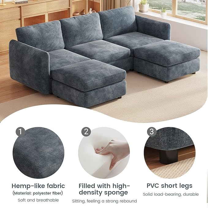 Guyii U Shaped Modern Sofa with 2 Storage Ottomans Blue Modular Sectional Sofa Couch 5 Seater Deep Seat Convertible Sofa for Living Room Bedroom Apartment Office