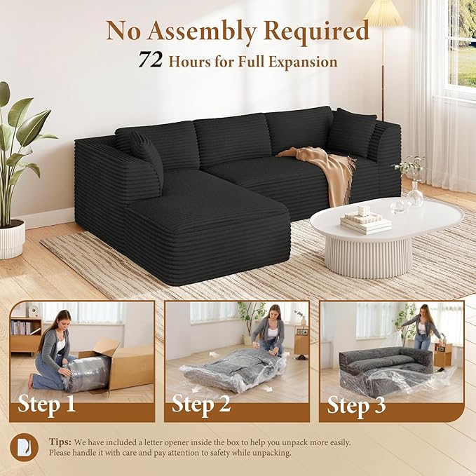 Vesgantti 106 Cloud Sectional Couch with Chaise Deep Seat Comfy Modular Sectional Sofa Corduroy Memory Foam Boneless Couches for Living Room Bedroom No Assembly Required (Black Left-Facing Chaise)