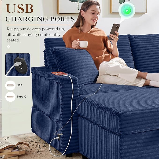Modern Corduroy Cloud Chaise Lounge Chair with Ottoman Storage USB Ports &amp Wooden Side Table – 34.5 Comfortable Reading Chair for Living Room Bedroom &amp Home Office Reading Room Blue