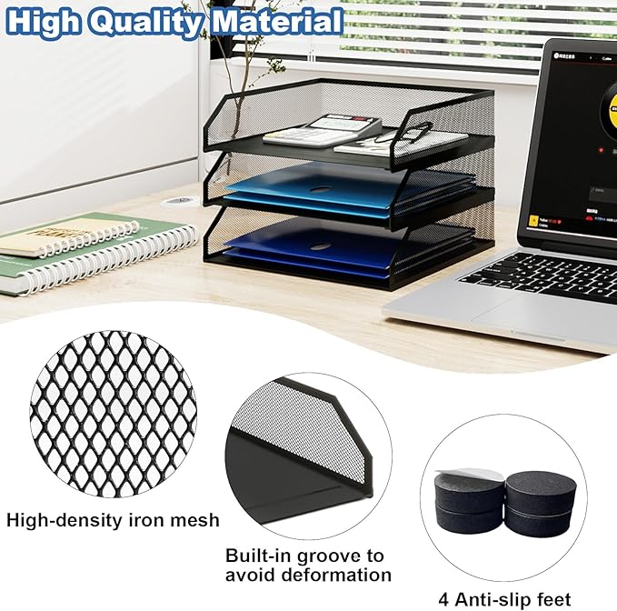 Natwind 3-Tier Stackable Paper Tray Metal Mesh Desktop Organizer A4 Paper Sorter Letter TraysFile Folder Sorter Organizer with Sliding Tray for Home Office School (Black)