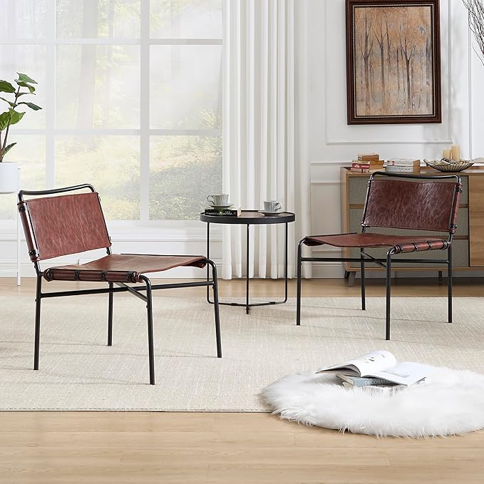 Accent Chairs Set of 2 - Mid-Century Modern Style Armless Lounge Chairs Sturdy Metal Frame Breathable and Comfortable Sling Chair for Living Room Bedroom and Small Spaces (Reddish Brown)