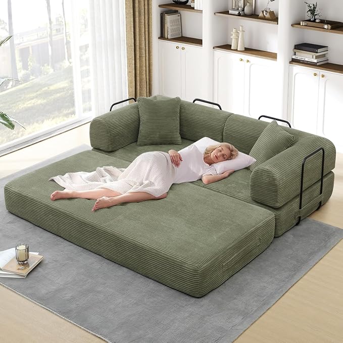 Convertible Folding Sofa Bed Corduroy Sleeper Mattress Couch with Fixed-Shape Frame Free Combination Loveseat Lounge Floor Sofa Queen Size Memory Foam Couch for Living Room Bedroom Light Green