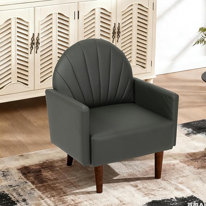 Mid-Century Accent Chair Faux Leather Armchair - Shell-Shaped Back Waterproof PU Leather Modern Retro Lounge Chair for Living Room Office Bedroom &amp Waiting Room