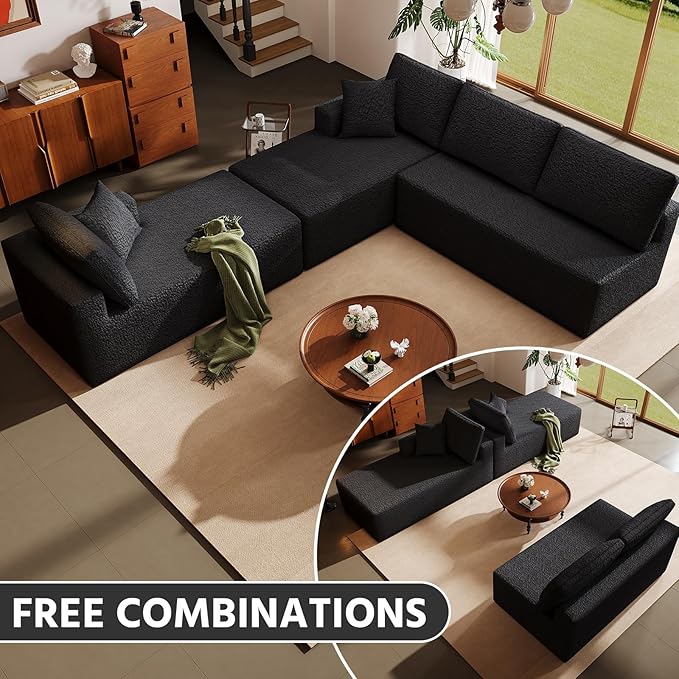 Modular U-Shaped Sectional Sofa 7-Seater Cloud Couch with Double Chaise Modern Sleeper SofaNo Assembly Sectional Cloud Boneless Sofa Couches for Living Room/Apartment