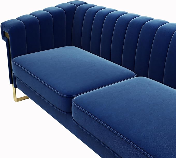 Mid-Century Modern Blue Velvet Sofa with Gold Metal Legs 83.86 Luxury Chesterfield Comfy Couches for Living Room (Velvet Blue)