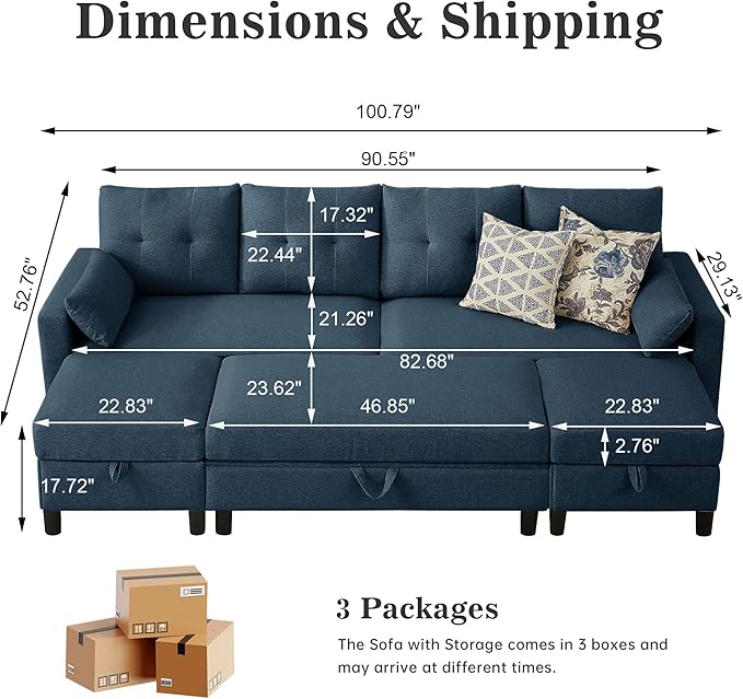 101 Convertible Sectional Sofa Modern Linen Fabric U-Shaped Couch with Reversible Chaises and Ottoman Coffee Table 4 Seat Sofa Couches for Living Room Apartment Office Blue