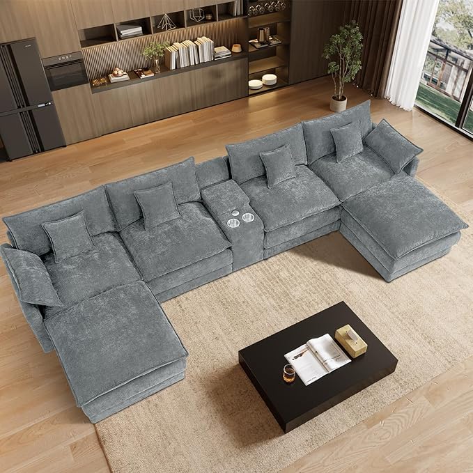 163 Oversized U Shaped Cloud Couch Modular Sectional Sofa 6 Seat Sofa Set for Living Room Comfy Fluffy Chenille Deep Seat with Movable Ottoman Storage Central Console USB Ports Cup Holders Grey