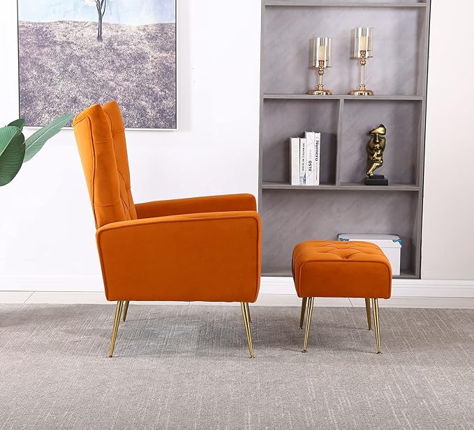 Velvet Accent Chair with Ottoman Comfy Tufted Armchair with Gold Metal Legs Modern Upholstered Wingback Chair with Footrest Set for Living Room Bedroom Lounge Office Orange