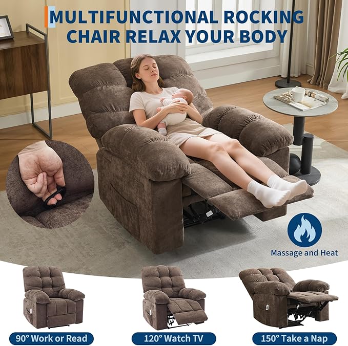 Massage &amp Heating Recliner Chair for Adults 150° Manual Oversized Recliner with Extra Wide Plush Seat Soft Overstuffed Chair for Living Room BedroomBrown