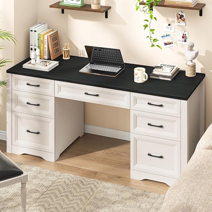 Farmhouse Executive Desk Wood Home Office Desk with 2 Large File Drawers and 5 Storage Cabinets Rustic Writing Desk for Work and Study Black