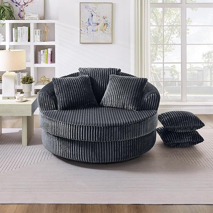 360 Degree Oversized Swivel Chair 50 Round Lounge Chair Modern Accent Circle Chair W/ 5 Pillows Upholstered Corduroy Sofa Chair for Living Room Bedroom Apartment Grey