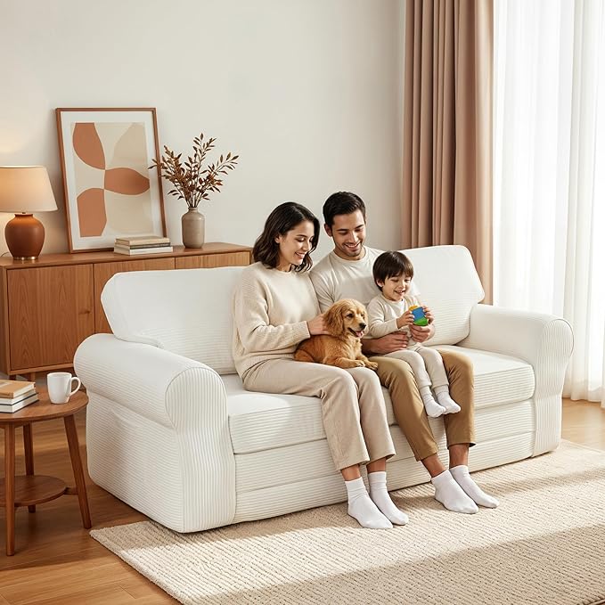 83 Corduroy Loveseat Sofa for Living Room Boneless Sofa with Wide Rounded Armrest Deep Cushioned Couch with Lock-Stitched Edges Skin-Friendly Cloud Couch White