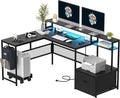 L Shaped Desk with Drawers 66 Home Office Desk with Power Outlet and Led Strip Reversible Computer Desk with Storage Shelves &amp Monitor Stand Large Corner Desk Gaming Desk Black