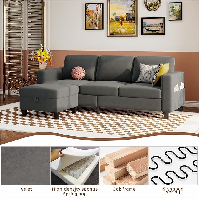 Youmumeub Sectional Couches for Living Room - Convertible Sofa and Storage Bench79''Modern Corner ConfigurationSuitable for Living Room Apartment Bedroom and Office-Blue-Gray | Washable Covers Mo