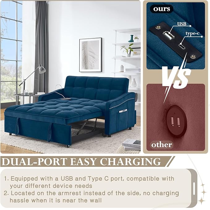 Sleeper Sofa Couch with Type C USB Port 3 in 1 Modern Comfy Velvet Convertible Loveseat Sofa w/Pull Out Bed Curved Armrest for Small Space Livingroom Apartment Office Blue