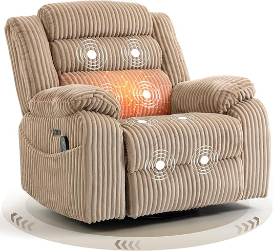 Power Swivel Rocker Recliner Chair for Adults with Vibration and Heat USB and Type-C Charging Port Infinite Position Electric Glider Rocking Chairs for Living Room Nursery Light Camel