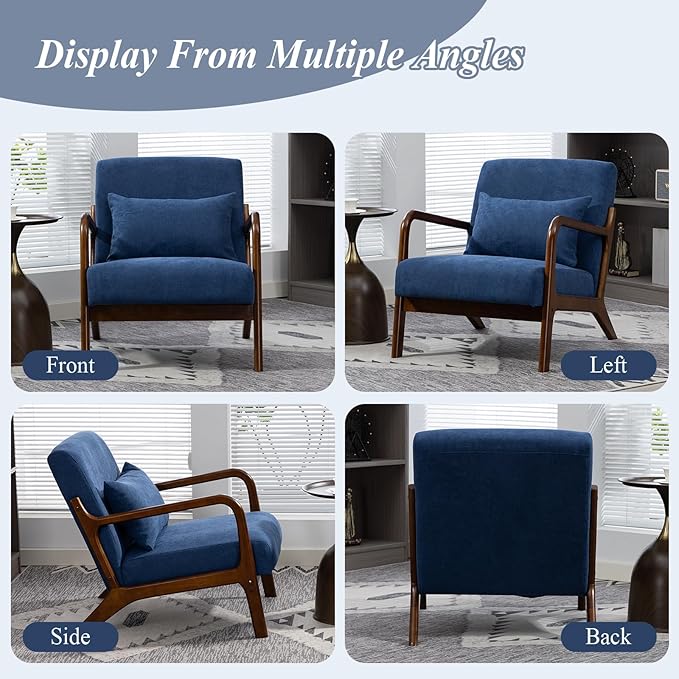 Minimalist Accent Chair Velvet Upholstered Mid-Century Modern Chair with Pillow Lounge Arm Chair with High Backrest Comfy Reading Chair for Living Room Balcony (Blue)