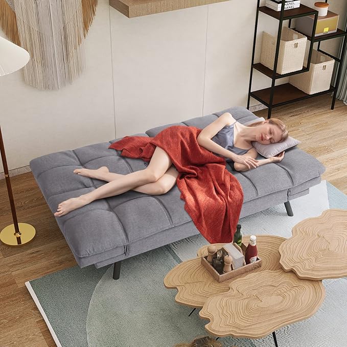 Opoiar Futon Sofa Bed Grey Fabric Memory Foam Leather Futon Split SeatModern Sleeper Love SeatFolding Modern Sleeper Sofa for Small Space/Drom/Office/Apartment