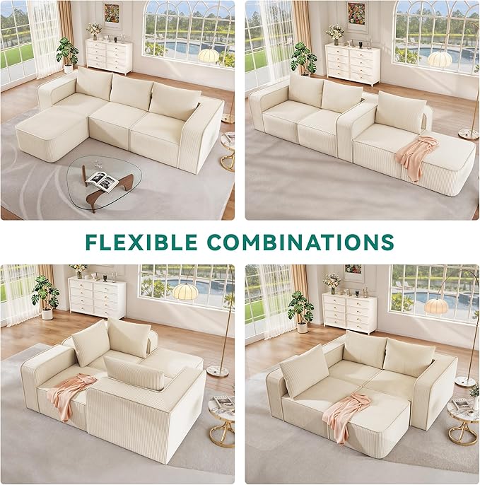 DWVO 107 Inch Cloud Sectional Couch with L-Shape Chaise Deep Seat Sofa with 3 Pillows 1 Ottomans Corduroy Upholstered Modular Sofa for Living Room Bedroom No Assembly Required Milky White