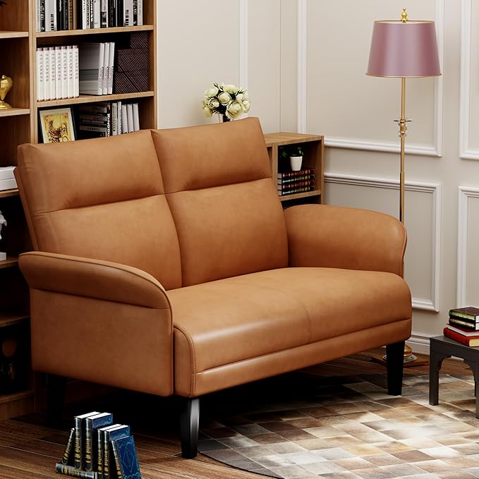 Love Seat Mini Couch Small Settee Loveseat Bench for Living Room Bedroom Office Faux Leather Loveseat Small Sofa Couches with Padded Cushion Brown