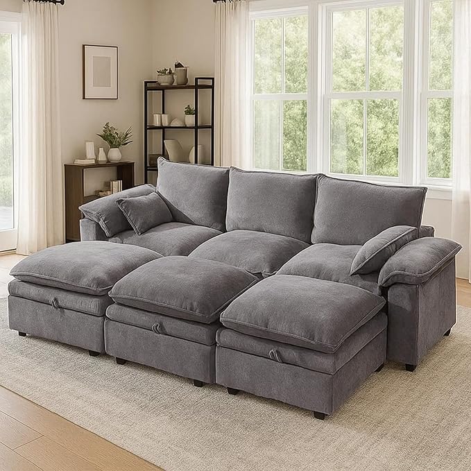 Large L-Shaped Sectional Couch Set - 6 Seater Oversized Cloud Sofa for Living Room Big Comfy Chenille Fabric Couches Extra Long Modular Sofa Bed Furniture