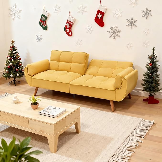 Convertible Futon Sofa Bed Modern Futon Couch with 2 Pillows Small Futons Couch with Adjustable Armrest &amp Backrest Loveseat Sofa Bed for Living Room Bedroom Yellow