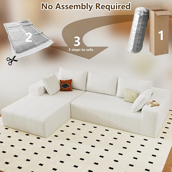 96 Modular Sectional Couch Boneless L Shaped Cloud Sofa with Chaise Lounge Corduroy Upholstered Couches Memory Foam Deep Seat No Assembly Required Ideal for Living Room(White Left Facing)