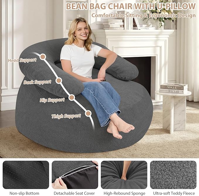HABUTWAY Giant Bean Bag Chair Oversized Beanbag Chair with Filler Ultra Soft Teddy Fleece Bean Bag Lounge Floor Sofa w/U-Shaped Pillow for Gaming Reading Grey &amp Grey