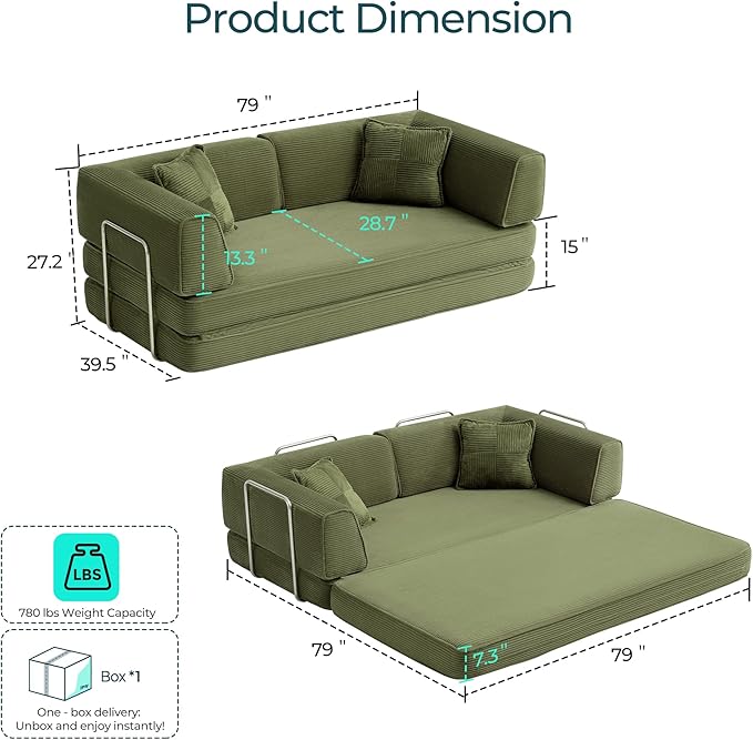LINSY HOME Sofa Bed Couch - Convertible Boneless Couch Bed with 2 Pillow (Green) | Folding Sofa Bed Corduroy Material No Assembly Compressed Sofa Couch in a Box