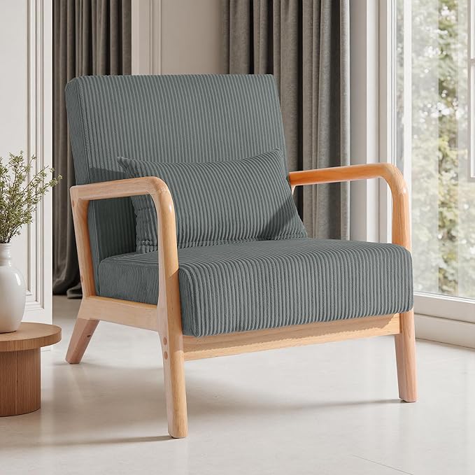 UIXE Accent Chairs Set of 2 Corduroy Upholstered Armchair for Living Room Modern Arm Chair Comfy Single Sofa Bedroom Reading Seat with Lumbar Pillow - Gray