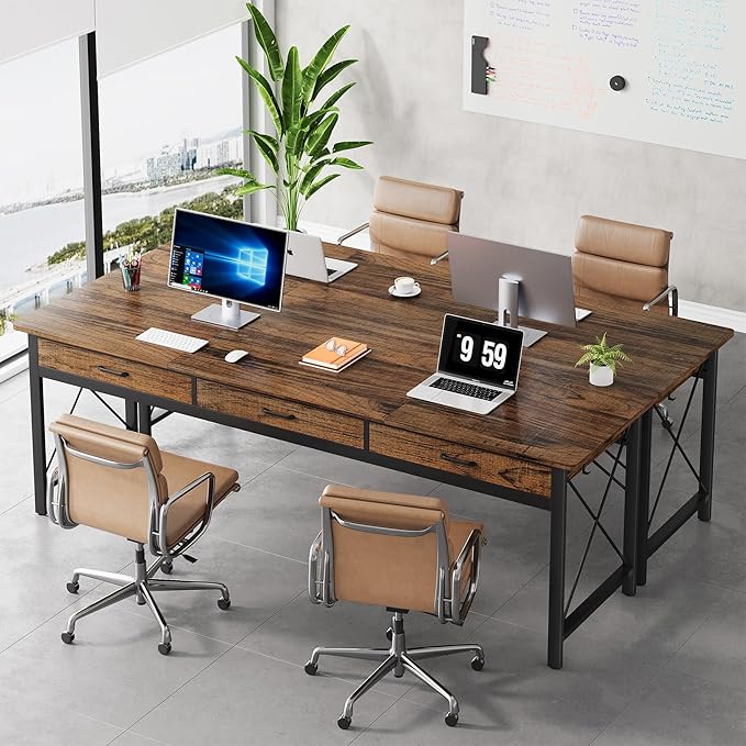 78.7 inch Extra Long Computer Desk with 3 Drawers Two Person Office Desk Double Desk with Hooks Industrial Writing Study Table Workstation for Home Office Vintage Brown