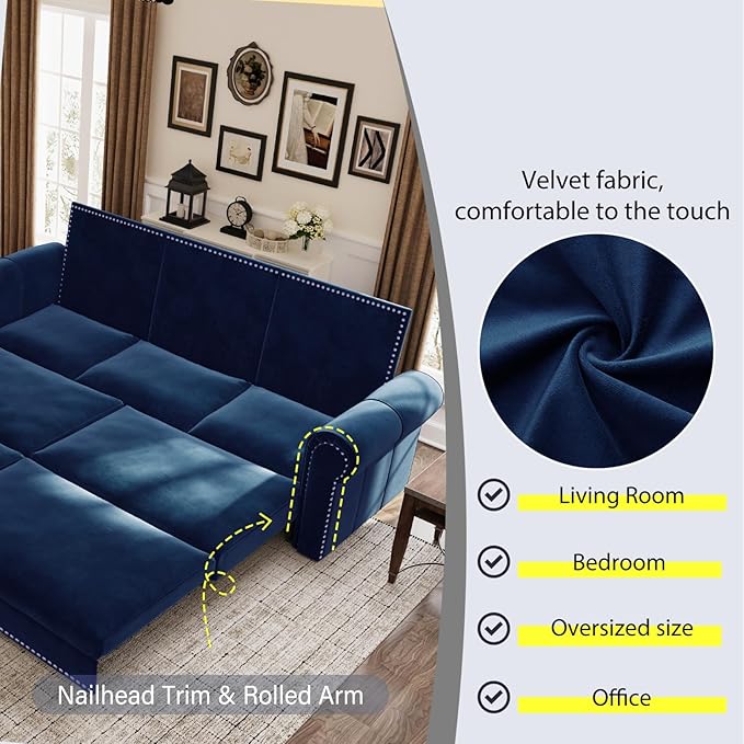 93.7 King Size Chesterfield 3-seat Pull Out Sofa Bed Velvet Couch Bed with Nailhead Trim and Rolled Arm 3-in-1 Sleeper Sofa for Living Room Apartment Office Blue