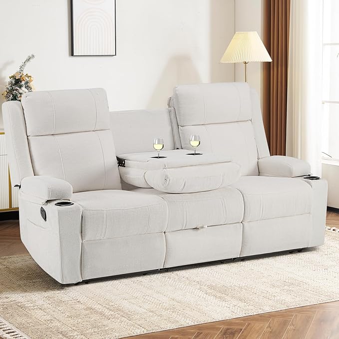 Reclining Sofa CouchLoveseat Recliner Sofa with Drop Down Table/ 4 Cup Holder/Hidden Storage Wall Hugger Recliner Sofa for Living Room &amp Home Theater &amp RV(Beige)