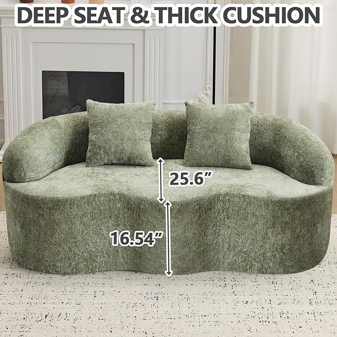 67 Curved Loveseat Sofa with 2 Pillows Boneless Curved Couch with Round Armrest Cloud Sofa for Living Room Bedroom Small Spaces Teddy Modern Compressed No Assembly (Antique Green)
