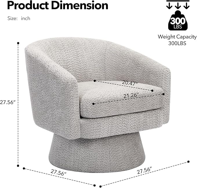 Modern 360° Swivel Accent Chair - Chenille Lounge Reading Sofa with Storage Space Single Club Armchair for Living Room Bedroom Office(Light Gray)