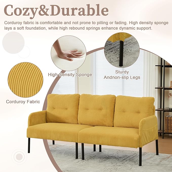 KEIKI 67 Corduroy Loveseat Sofa with Double Side Pockets &amp High Resilience Cushion Modern Style Upholstery Oversized 2-Seater Couch with Metal Legs Easy Assembly for Living Room Yellow