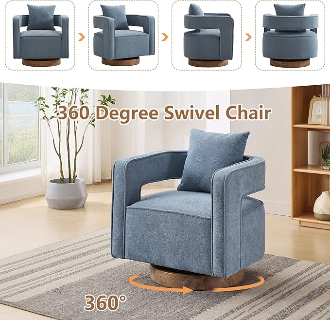 Swivel Accent Chairs for Living Room Upholstered 360° Round Barrel Arm Chair with Open Back &amp Wood Base Comfy Linen Blend Square Single Club Chair for Bedroom Office Hotel Reception (Blue)