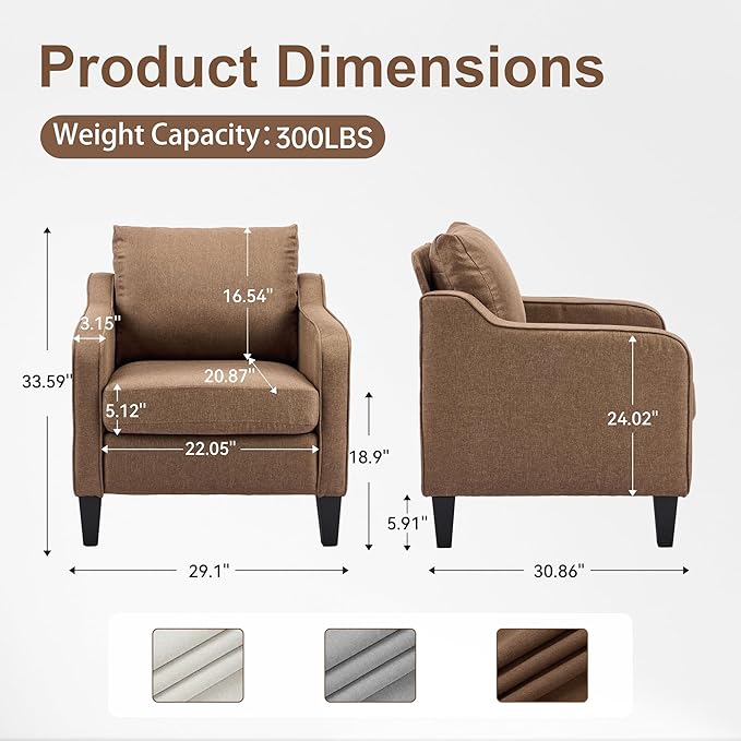 Accent Chair Brown Mid Century Modern Arm Chair Fine Linen Fabric Upholstered Armchair with Scooped Arms Comfy Reading Chair for Living Room Bedroom Office Apartment