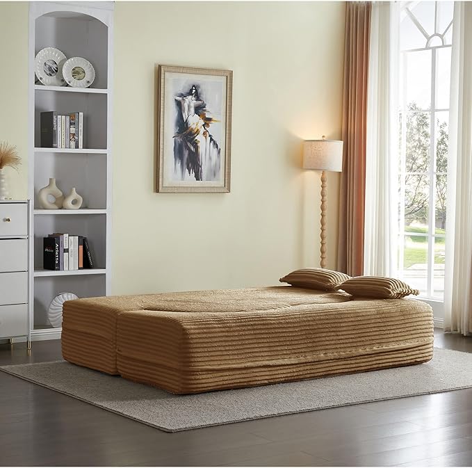78” Corduroy Floor Sleeper Sofa Bed Modern 2 in 1 Full Size Foldable Mattress with 2 Pillows Convertible Boneless Couch with Deep Seat for Living Room No Assembly Required (Camel) | No Assembly Req