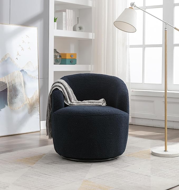 Swivel Barrel Accent Chair Modern Teddy Upholstered 360° Swivel Chair Leisure Chair Single Sofa for Adults Teens for Living Room Hotel Bedroom Office Coffee Shop (Dark-Blue + Upholstered + Foam)