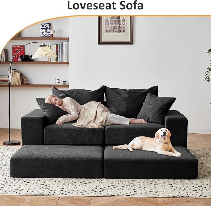 Modular Sectional Loveaeat Cloud Sofa Boneless Couch with Non Slip Base Cozy Sleeper Sofa for Customizable Living Spaces Modern Modular Couch with L-Shape Chaise Deep Seat &amp No Assembly Black