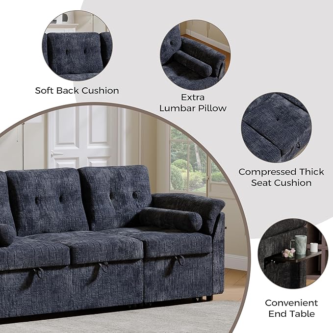 Convertible Queen Sofa Bed 63 Inch Chenille Pull Out Couch with Side Table 3 Seat Pull Out Sofa Bed with Level Adjustable Backrest Comfy Sleeper Sofas for Living Room Apartment Blue