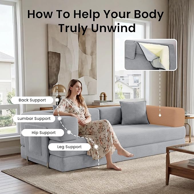 Belhome 78.8 Convertible Sofa Bed Futon Sofa Bed with Side Pocket Corduroy Pull Out Futon Sofa Boneless Couch for Living RoomsNo Assembly Required Pewter
