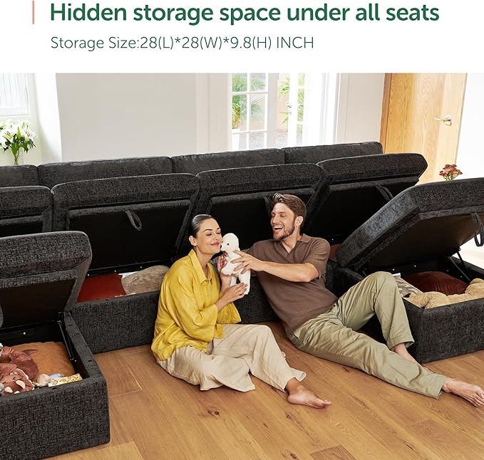 HONBAY Modular Sectional Couch with Storage Seats L Shaped Sectional Sofa with Storage Chenille Sectional Couches for Living Room Grey